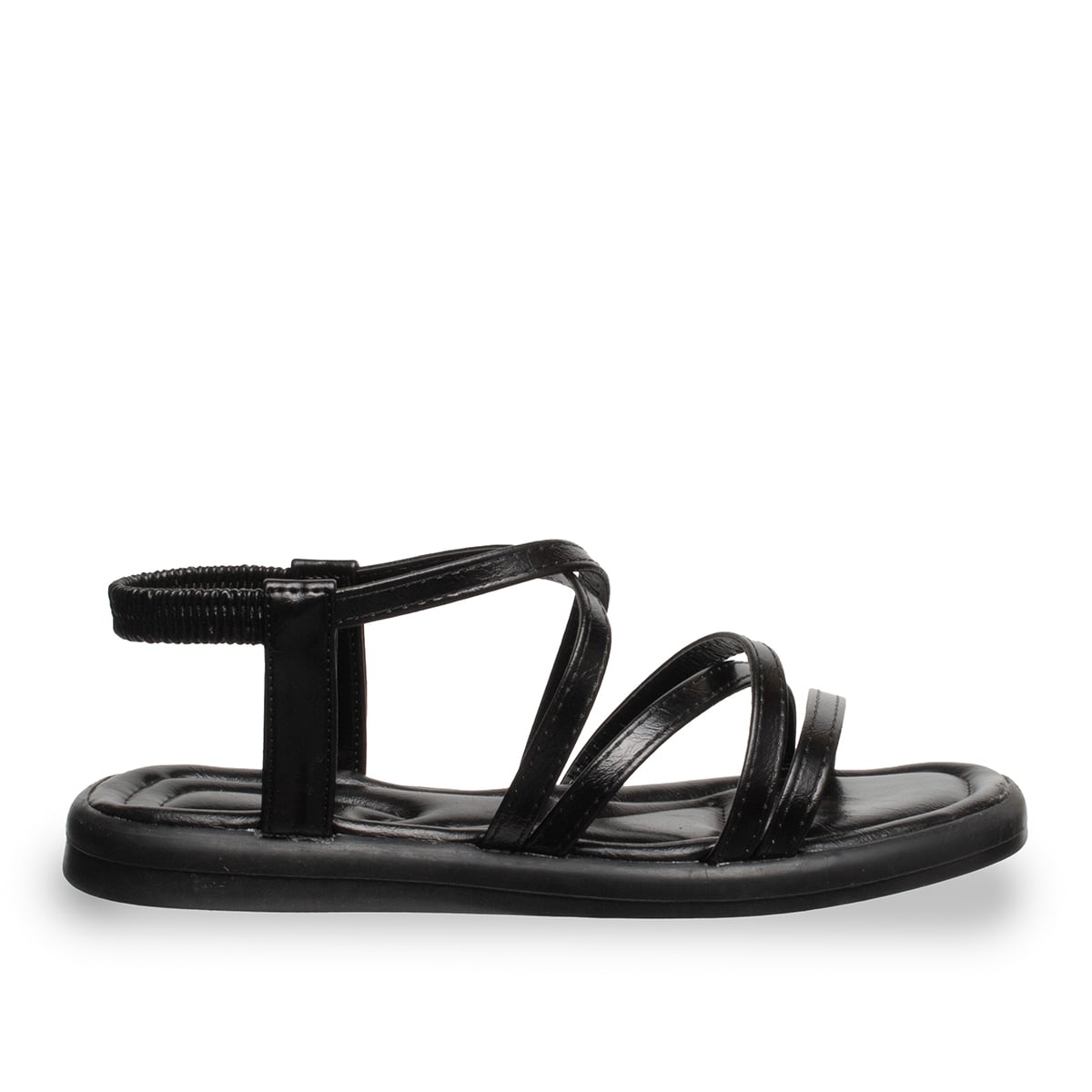 Lastikli Siyah Kadın Sandalet – Düz Taban Suni Deri Pratik Yazlık - Renk: Siyah - Fotoğraf 1 / 4