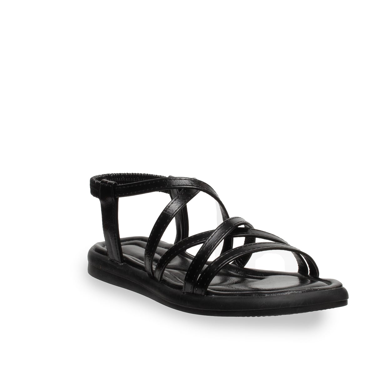 Lastikli Siyah Kadın Sandalet – Düz Taban Suni Deri Pratik Yazlık - Renk: Siyah - Fotoğraf 2 / 4