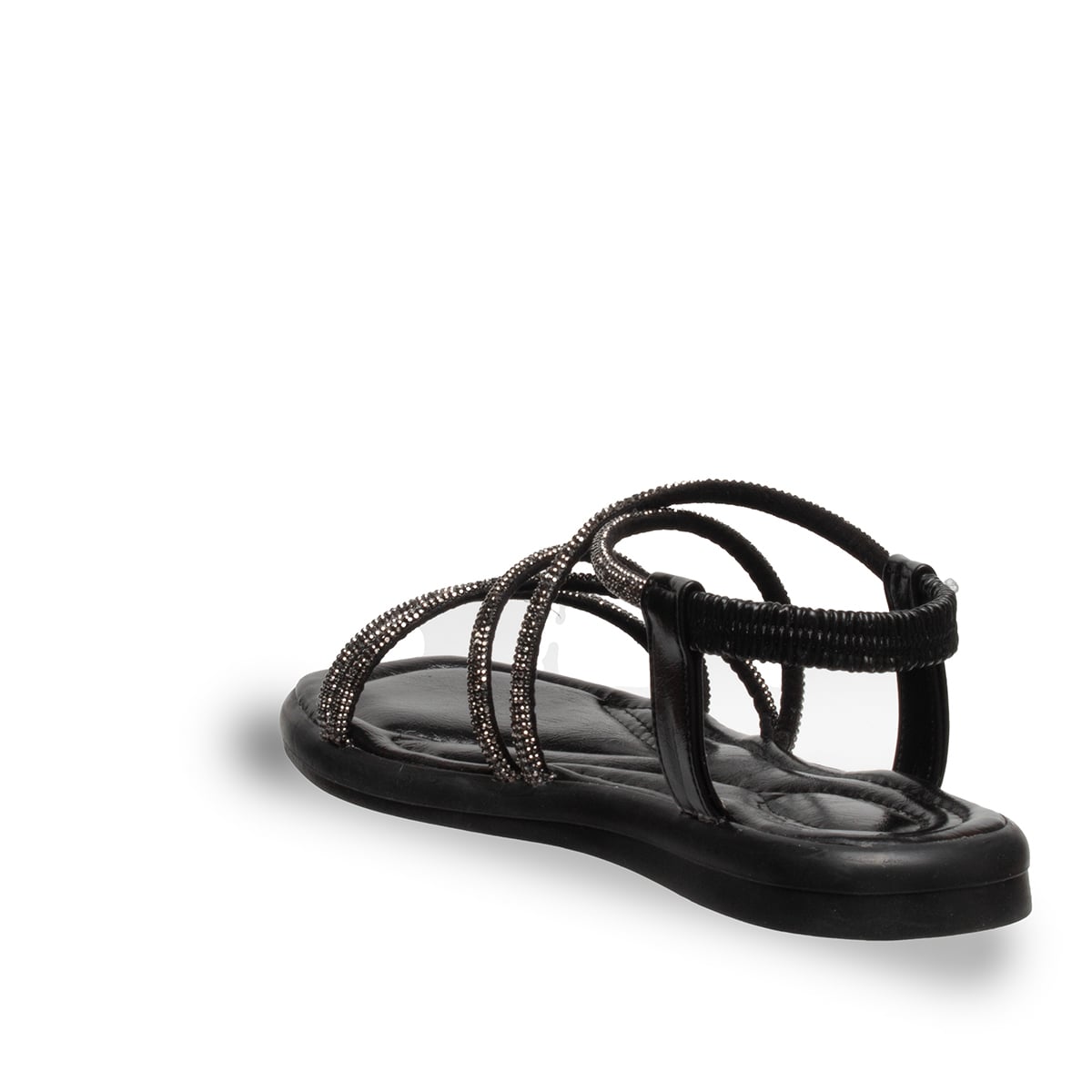 Taş Detaylı Siyah Kadın Sandalet – Lastikli Düz Taban, Suni Deri Yazlık - Renk: Siyah - Fotoğraf 3 / 4