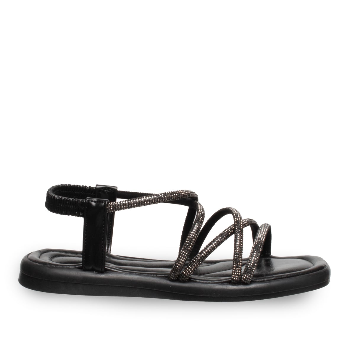 Taş Detaylı Siyah Kadın Sandalet – Lastikli Düz Taban, Suni Deri Yazlık - Renk: Siyah - Fotoğraf 1 / 4