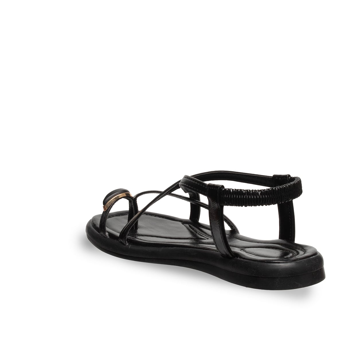 Kadın Siyah Sandalet Lastikli Düz Taban – Konforlu Suni Deri Yaz Modeli - Renk: Siyah - Fotoğraf 3 / 4