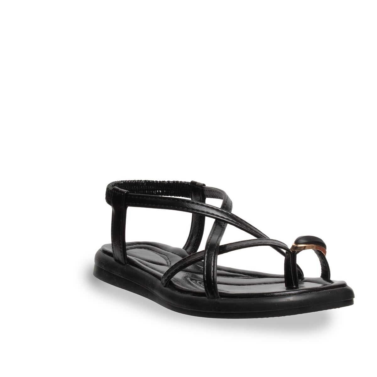 Kadın Siyah Sandalet Lastikli Düz Taban – Konforlu Suni Deri Yaz Modeli - Renk: Siyah - Fotoğraf 2 / 4