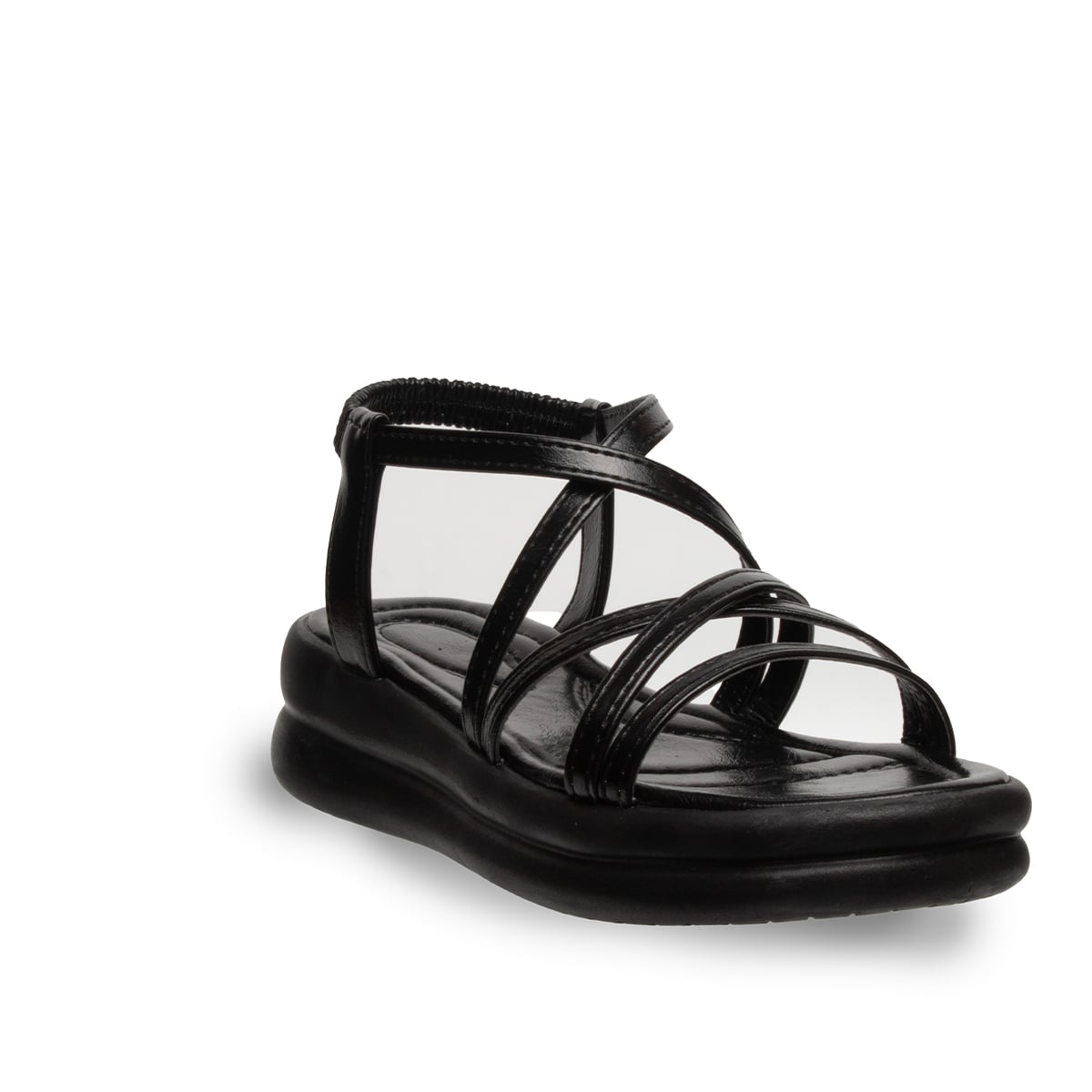 Siyah Kadın Düz Sandalet Lastikli Suni Deri – Yazlık Rahat Günlük - Renk: Siyah - Fotoğraf 2 / 4