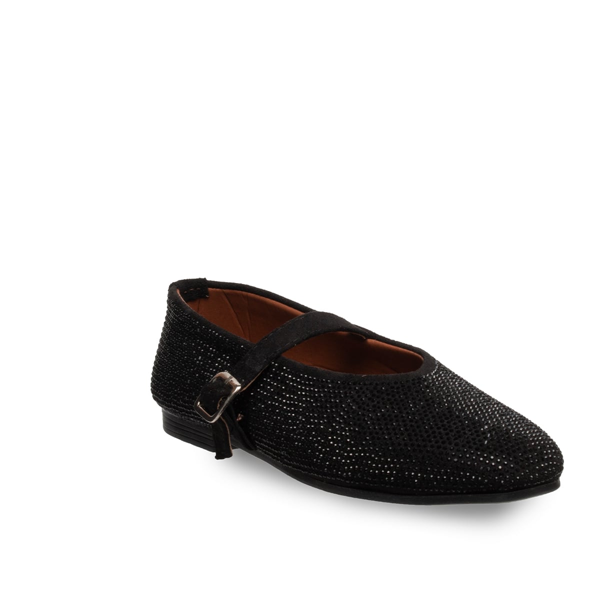 Parlak Taşlı Siyah Kadın Babet – Suni Deri Şık Düz Ayakkabı Tüm Sezon - Renk: Siyah - Fotoğraf 2 / 4