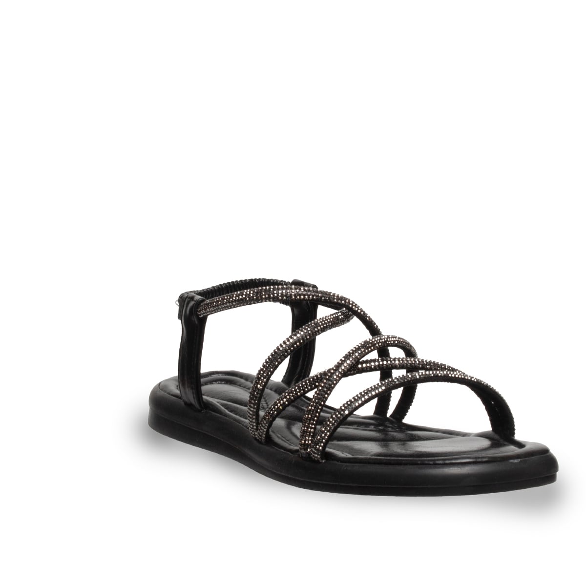 Taş Detaylı Siyah Kadın Sandalet – Lastikli Düz Taban, Suni Deri Yazlık - Renk: Siyah - Fotoğraf 2 / 4