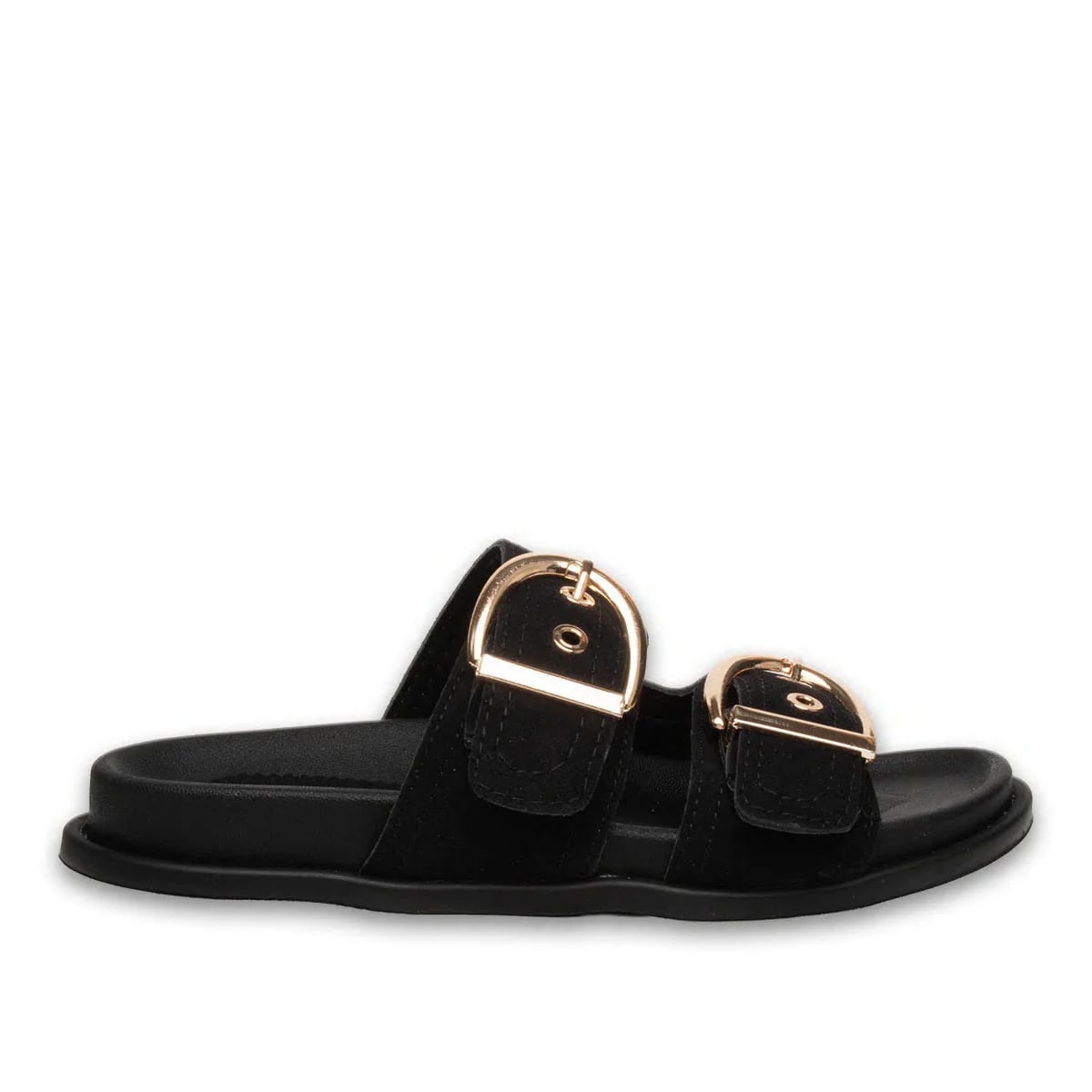 Siyah Düz Terlik – Süet Dokulu, Çift Kemerli, Günlük Şıklık ve Üst Düzey Konfor - Renk: Siyah - Fotoğraf 1 / 4