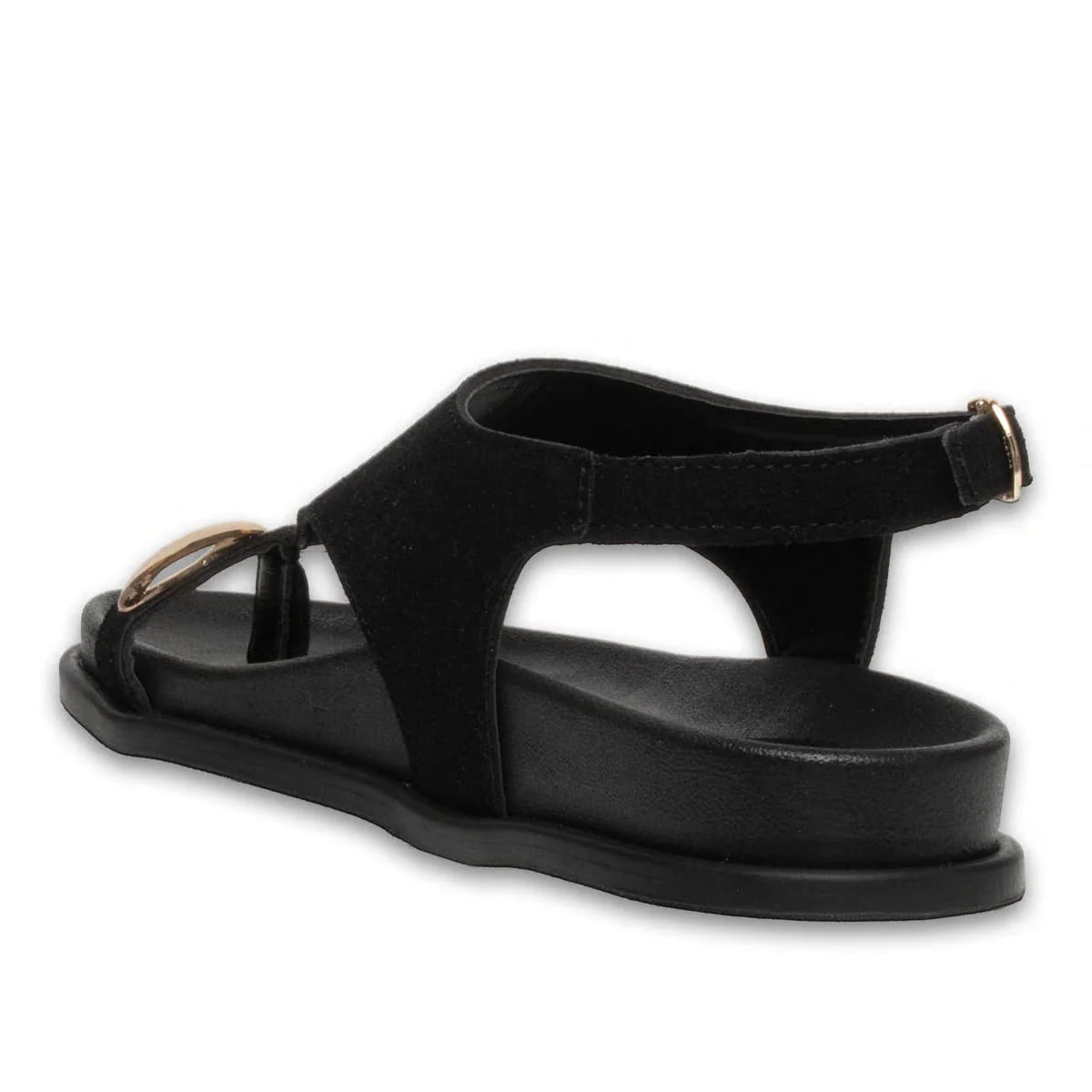 Siyah Düz Sandalet – Süet Dokulu, Yüzüklü Tokalı, Modern ve Şık Duruş - Renk: Siyah - Fotoğraf 3 / 4