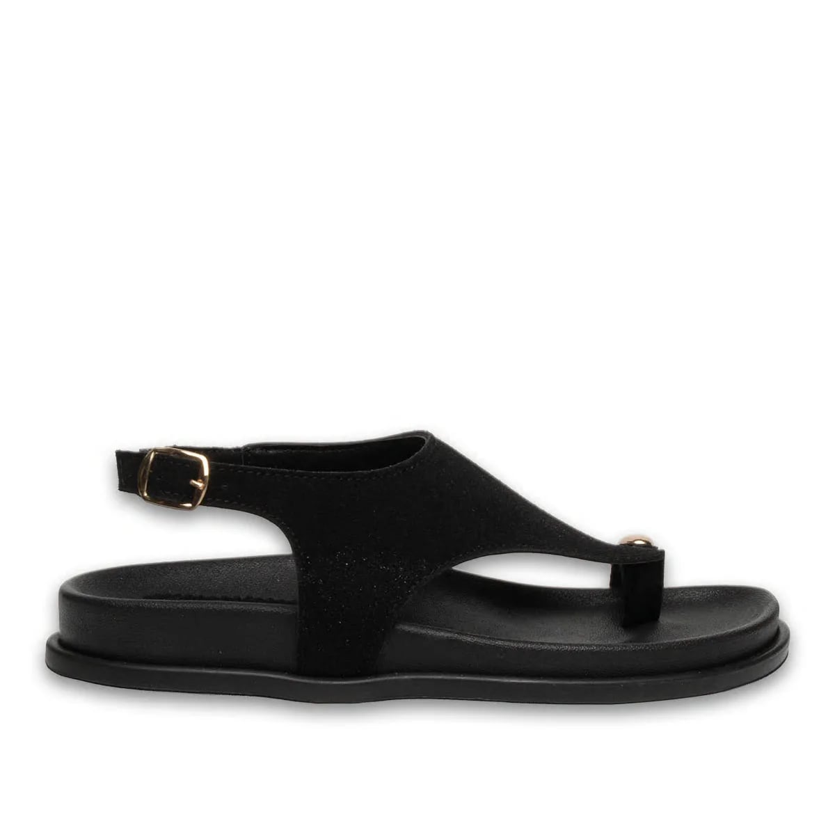 Siyah Düz Sandalet – Süet Dokulu, Yüzüklü Tokalı, Modern ve Şık Duruş - Renk: Siyah - Fotoğraf 1 / 4