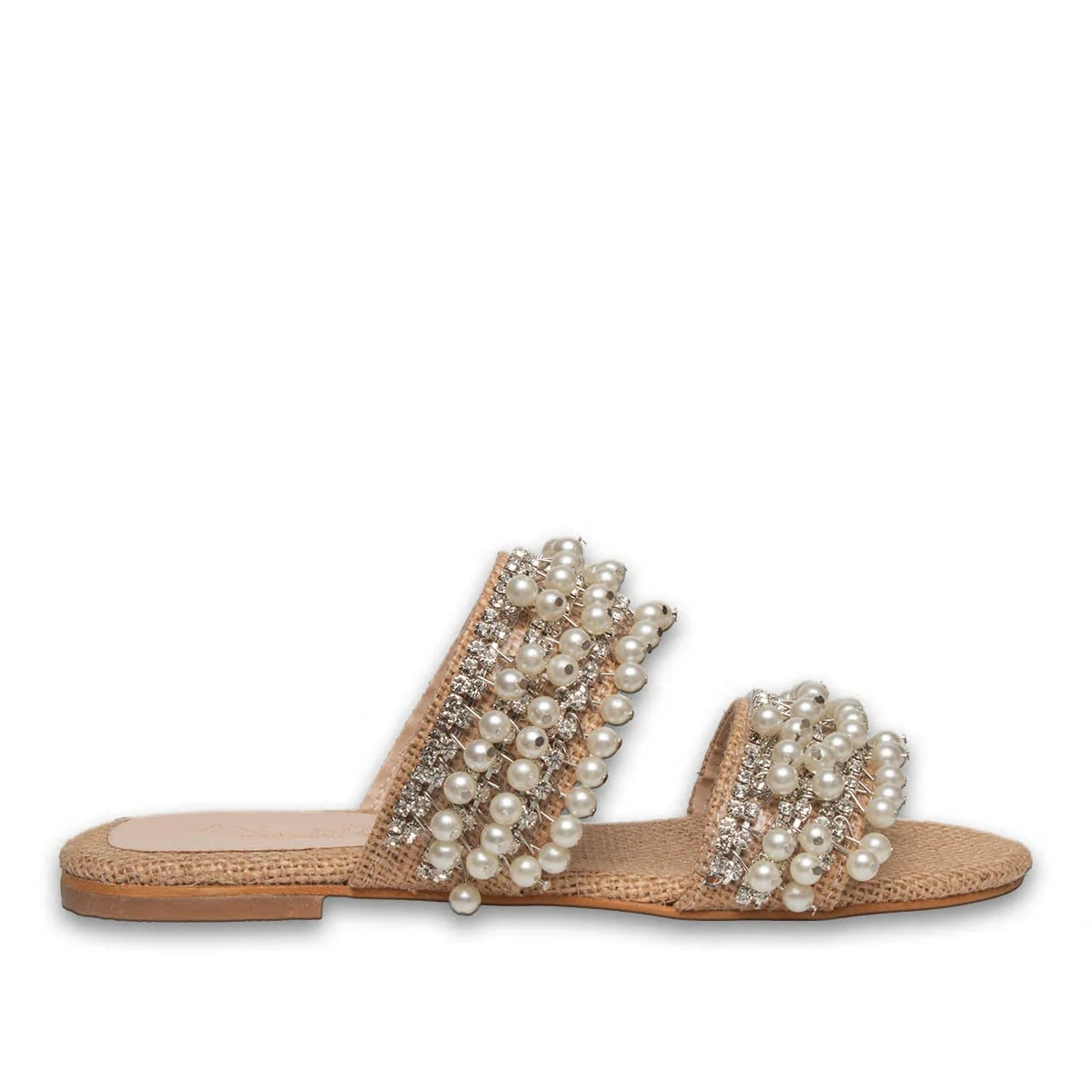 Toptan Bej İnci Taşlı Kadın Yazlık Düz Terlik - Suni Deri - Renk: Bej - Fotoğraf 1 / 3