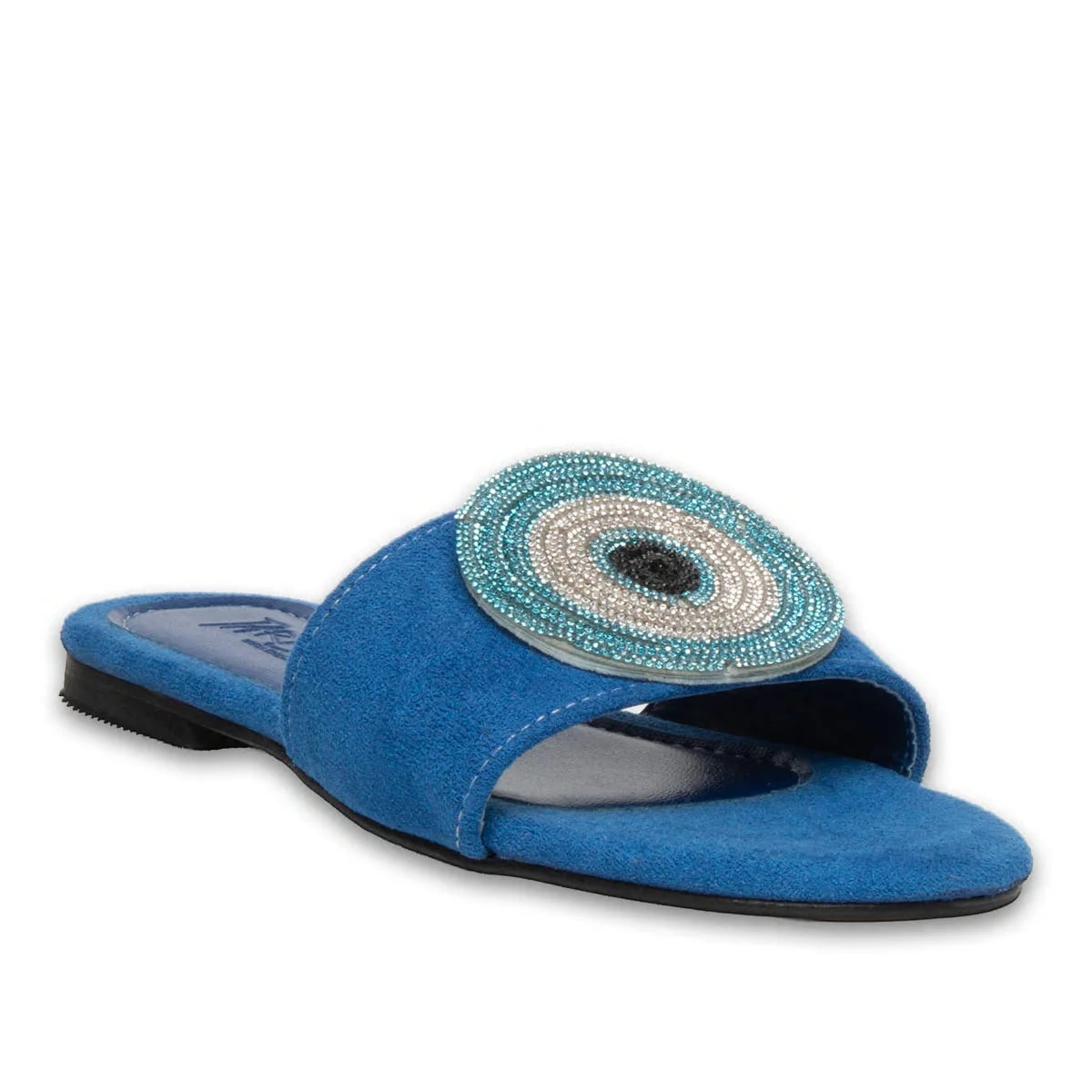 Toptan Mavi Nazar Taşlı Kadın Yazlık Düz Terlik - Suni Deri - Renk: Mavi - Fotoğraf 2 / 3