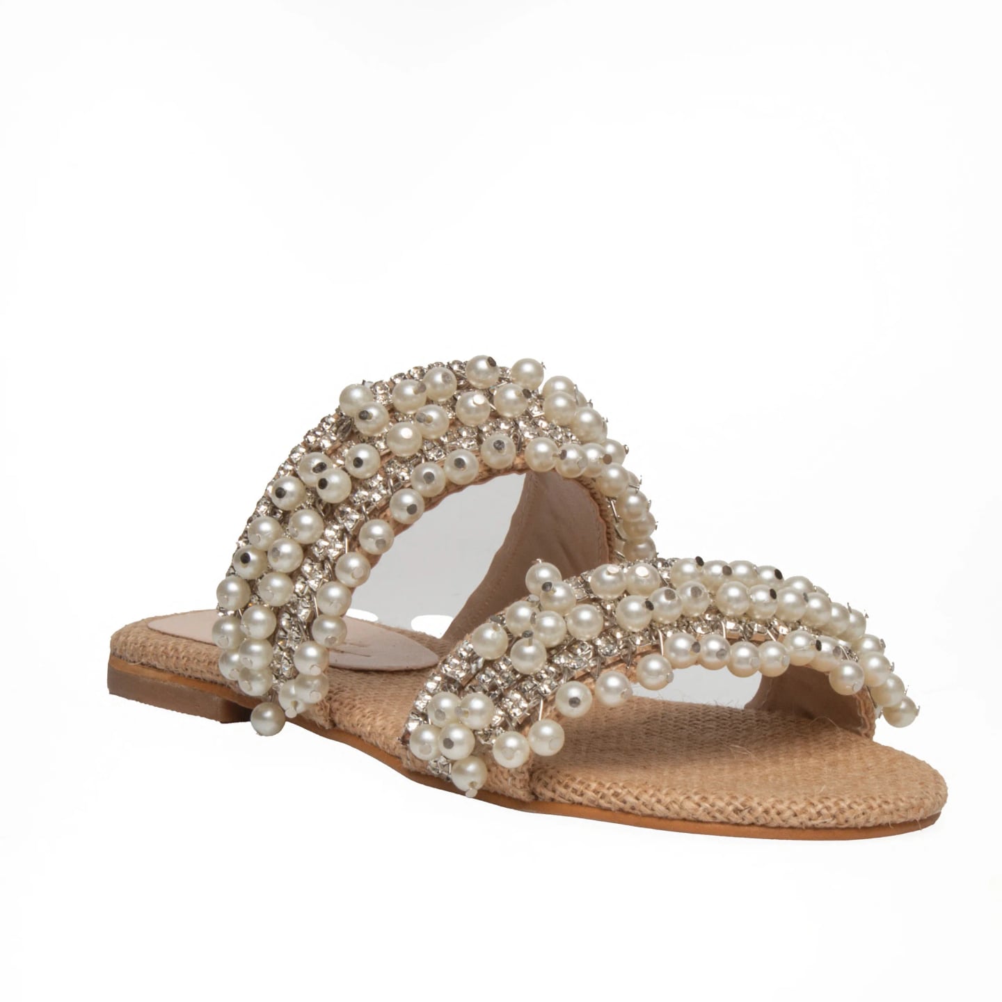 Toptan Bej İnci Taşlı Kadın Yazlık Düz Terlik - Suni Deri - Renk: Bej - Fotoğraf 2 / 3