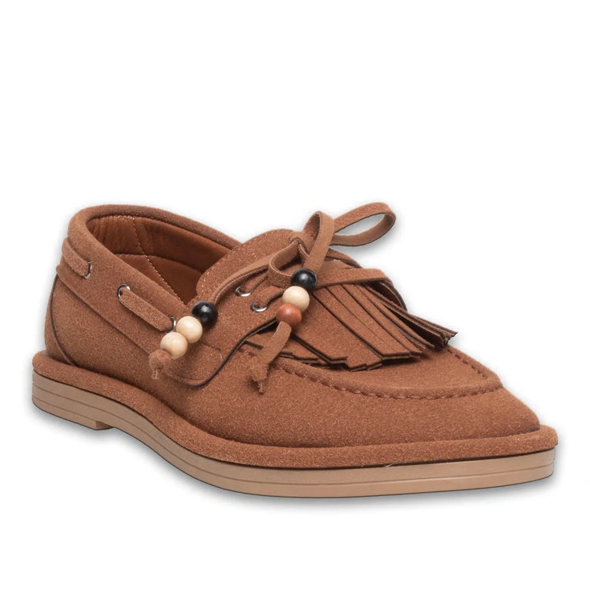 Kahve Süet Görünümlü Kadın Loafer – Boncuk & Taş Aksesuarlı, Termo Taban | Toptan & Çoklu Renk - Renk: Kahve - Fotoğraf 2 / 4
