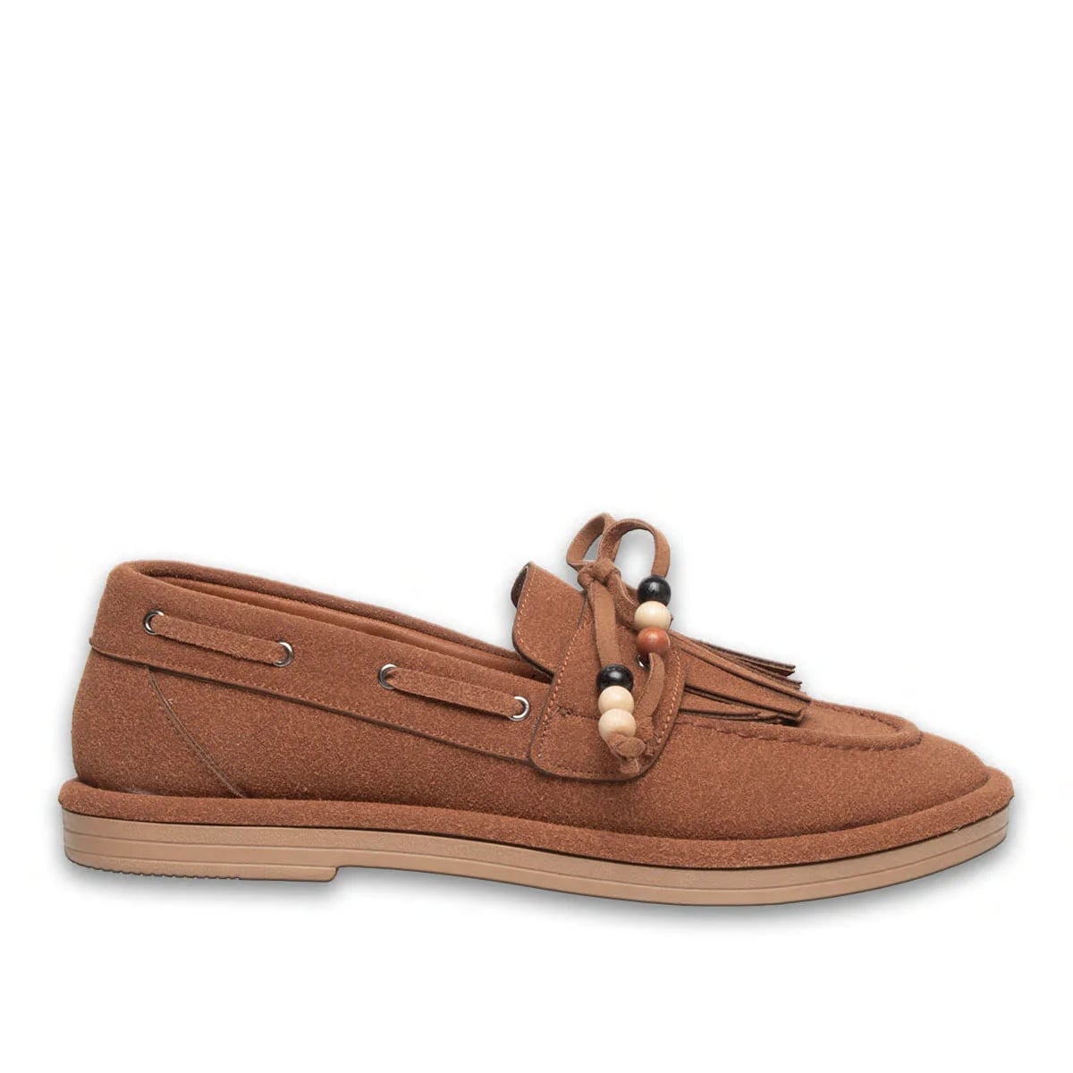 Kahve Süet Görünümlü Kadın Loafer – Boncuk & Taş Aksesuarlı, Termo Taban | Toptan & Çoklu Renk - Renk: Kahve - Fotoğraf 1 / 4