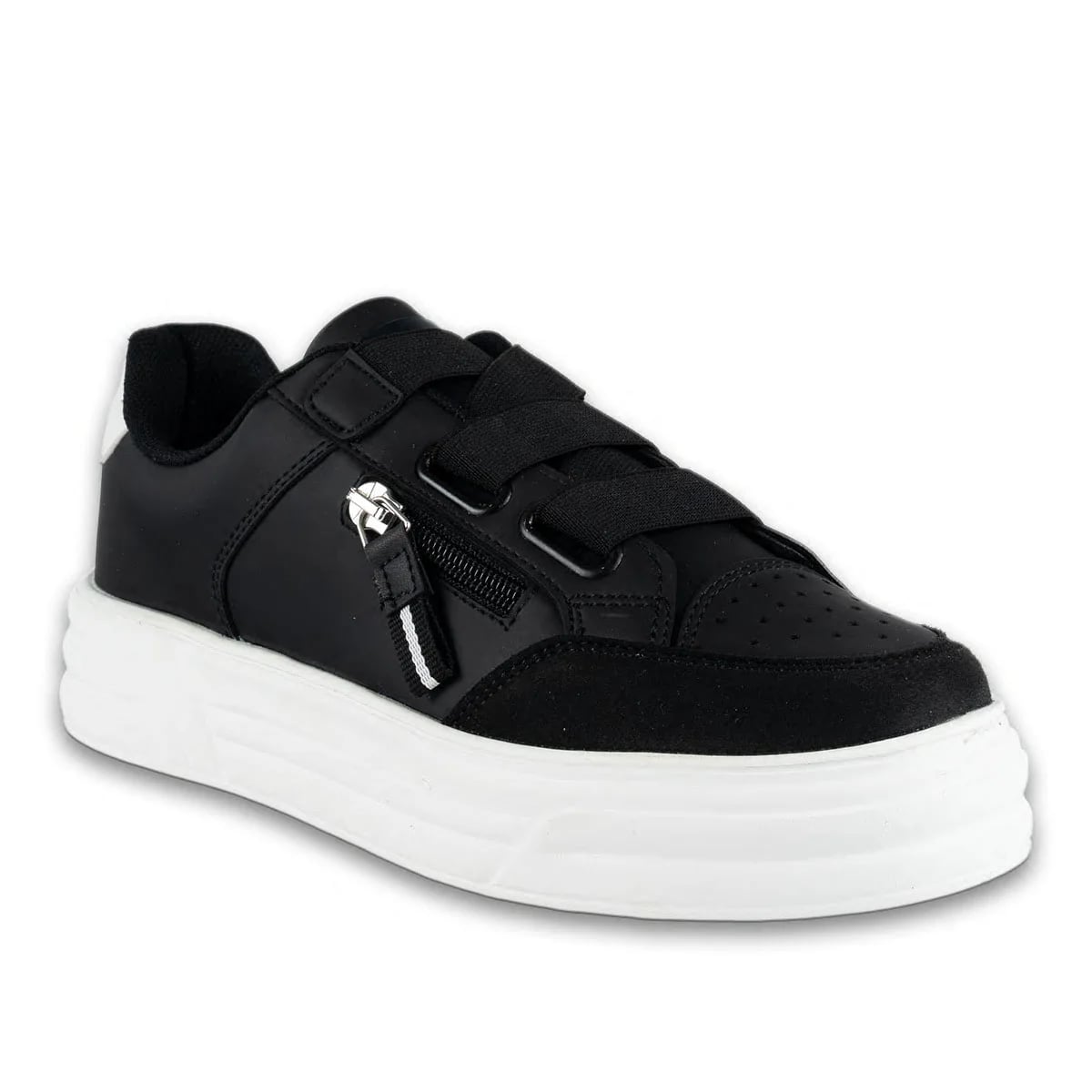 Letoon Garson Spor Sneaker Siyah-Beyaz Bağcıklı Fermuar Detaylı Rahat Toptan Model - Renk: Siyah-Beyaz - Fotoğraf 2 / 3