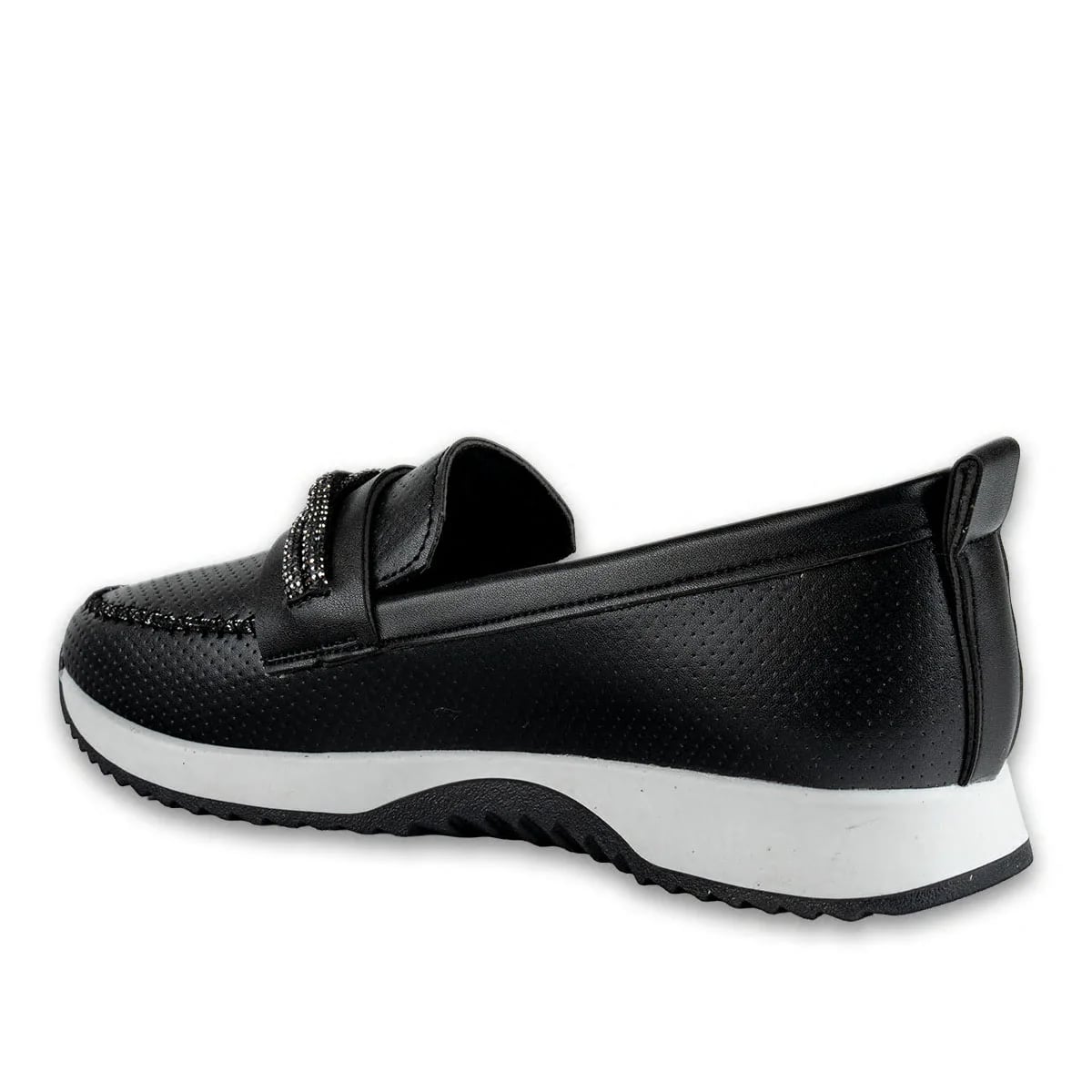 Toptan Siyah Kadın Spor Sneaker Suni Deri Taş İpli Şık Model - Renk: Siyah - Fotoğraf 3 / 4