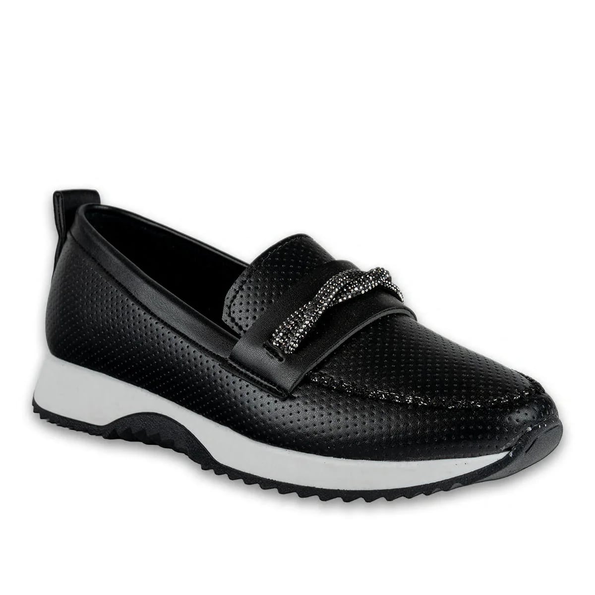 Toptan Siyah Kadın Spor Sneaker Suni Deri Taş İpli Şık Model - Renk: Siyah - Fotoğraf 2 / 4
