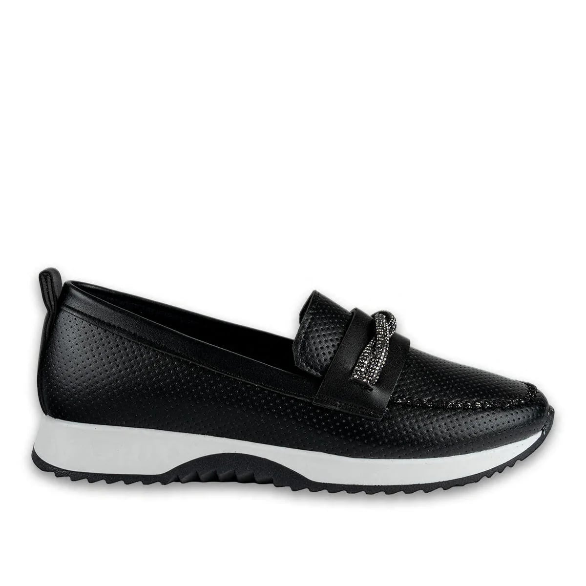 Toptan Siyah Kadın Spor Sneaker Suni Deri Taş İpli Şık Model - Renk: Siyah - Fotoğraf 1 / 4