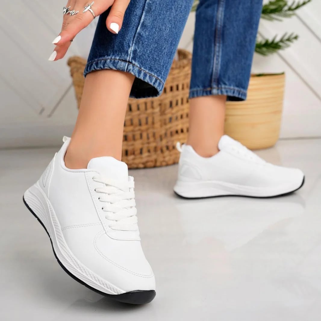 Kadın Spor Sneaker Beyaz Bağcıklı – Aqua File Kumaş Detaylı Termo Taban - Renk: Beyaz - Fotoğraf 1 / 1
