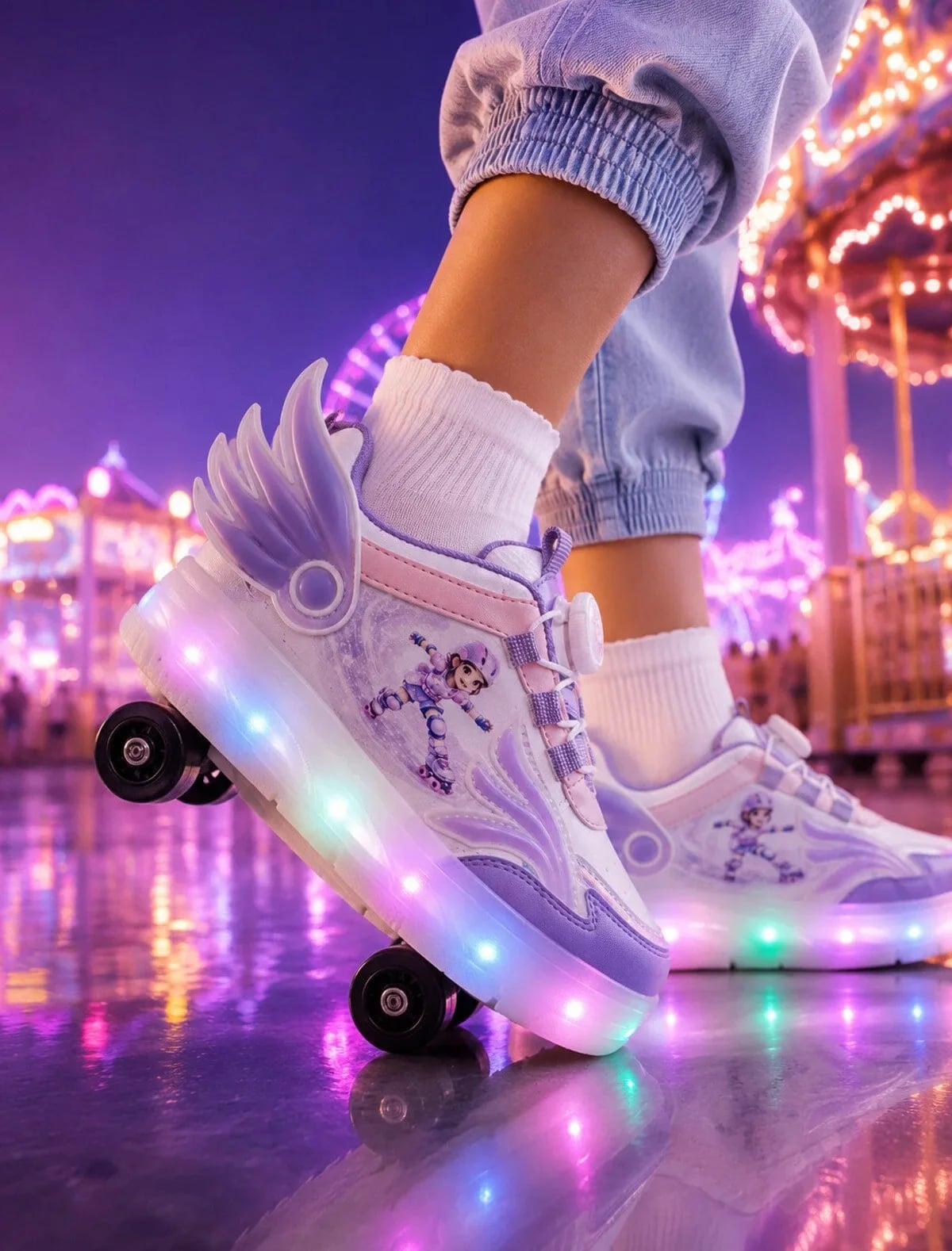 Kız Çocuk 4 Tekerlekli LED Işıklı Patenli Ayakkabı | BOA Döner Bağcık | Kanatlı Roller Sneaker | MAX AĞIRLIK 60 KG/ KANATLI - Renk: Lila - Fotoğraf 1 / 1